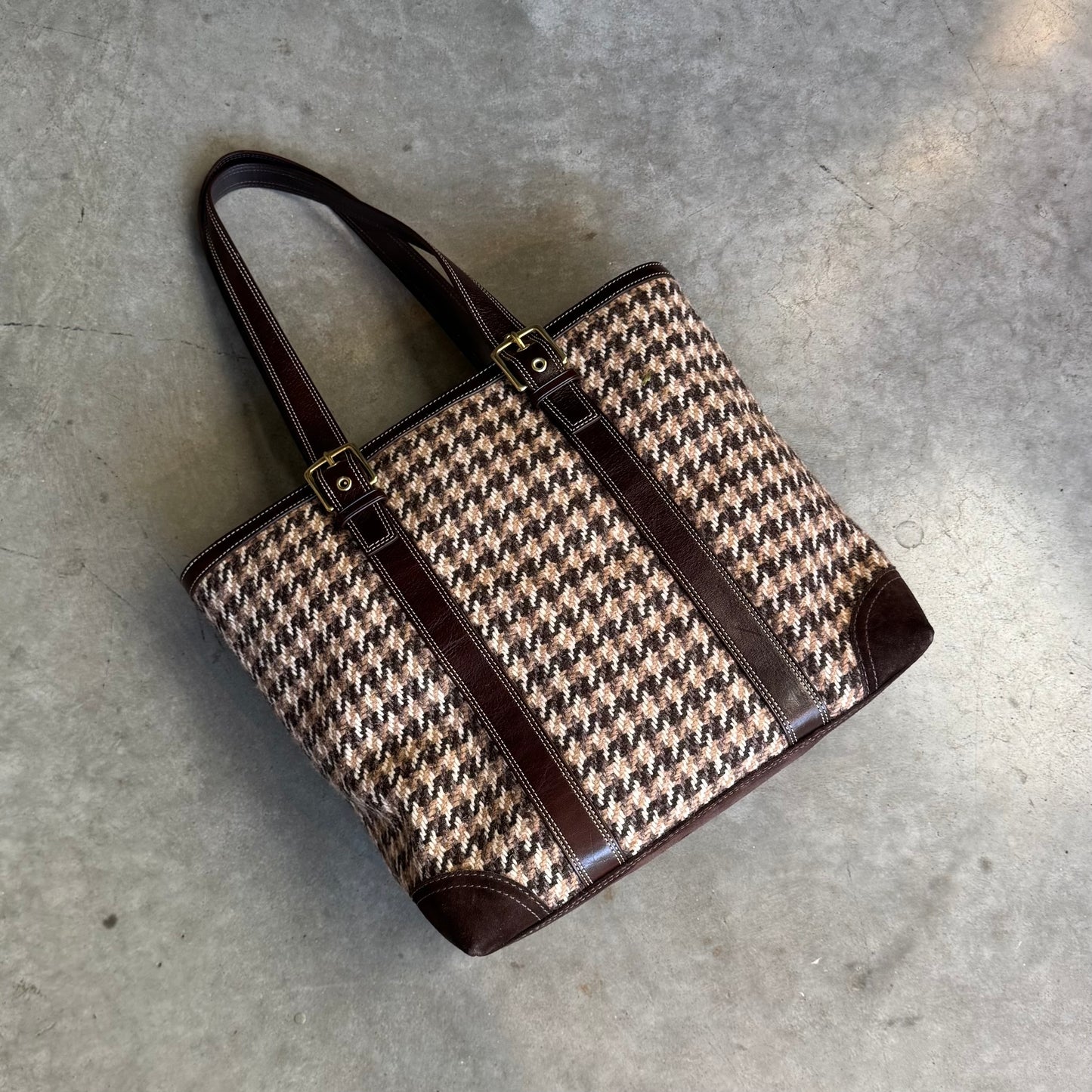 Y2K Coach Brown Legacy Wool Houndstooth Tote Bag