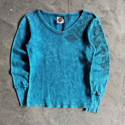 Women’s Y2K Harley Davidson Teal Tattoo Graphic Thermal w/Sleeve Hit