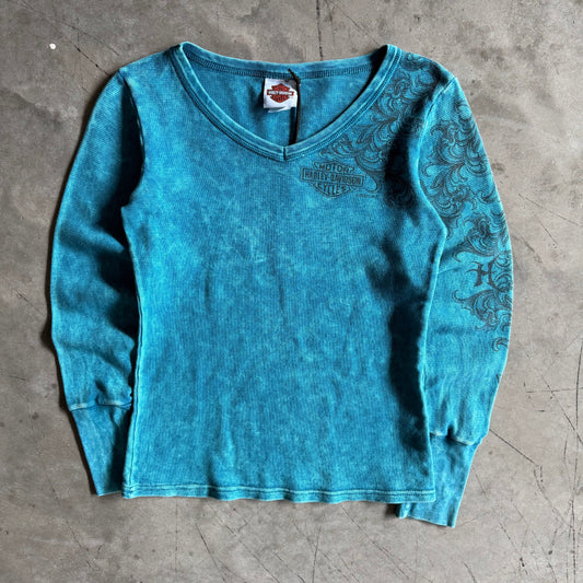 Women’s Y2K Harley Davidson Teal Tattoo Graphic Thermal w/Sleeve Hit