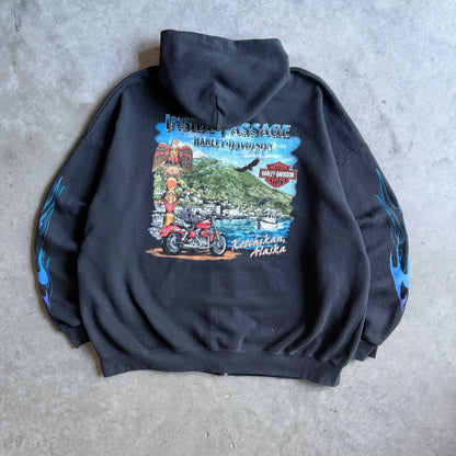 Vintage Harley Davidson Blue Flame Sleeve Zip Up Hoodie