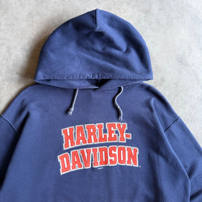 Y2K Harley Davidson Orange Spell Out Navy Hoodie