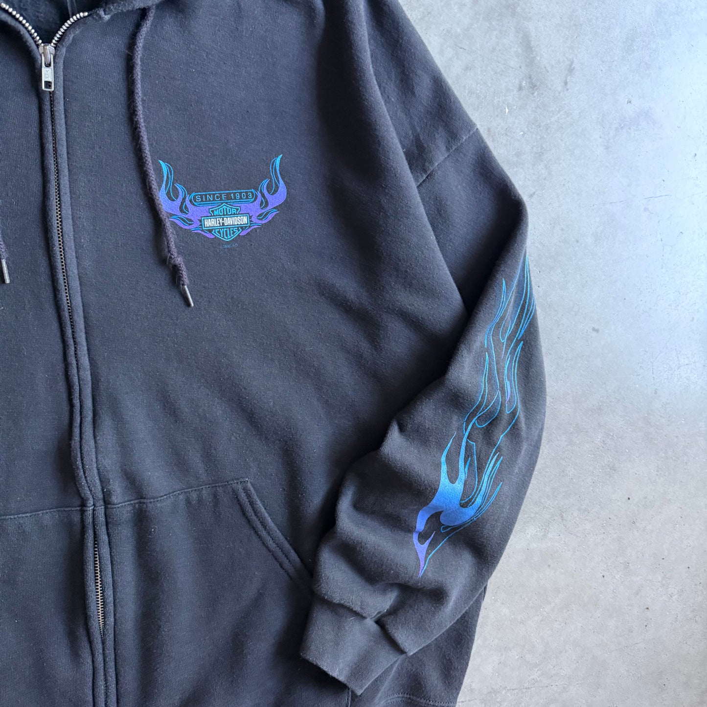 Vintage Harley Davidson Blue Flame Sleeve Zip Up Hoodie