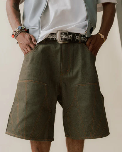 Brigade - Raw Denim Double Knee Shorts - Olive