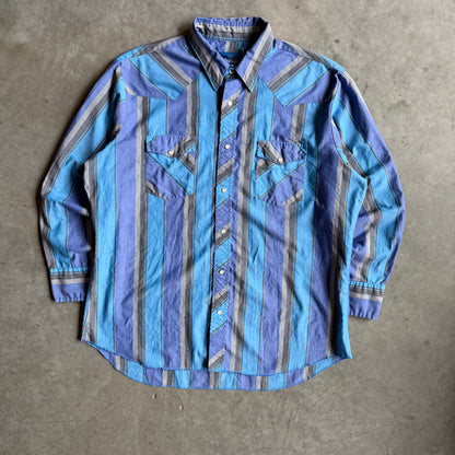 Vintage Wrangler Purple/Blue Vertical Stripe Western Pearl Snap Shirt