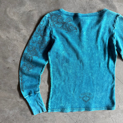 Women’s Y2K Harley Davidson Teal Tattoo Graphic Thermal w/Sleeve Hit