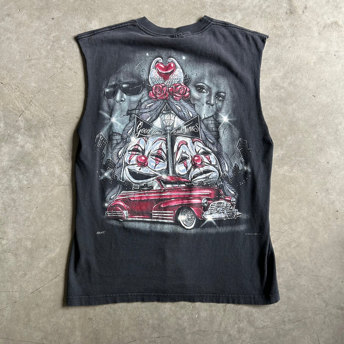 Vintage Aztlan Air Brush Car and Clown Masks Cut Off Tee
