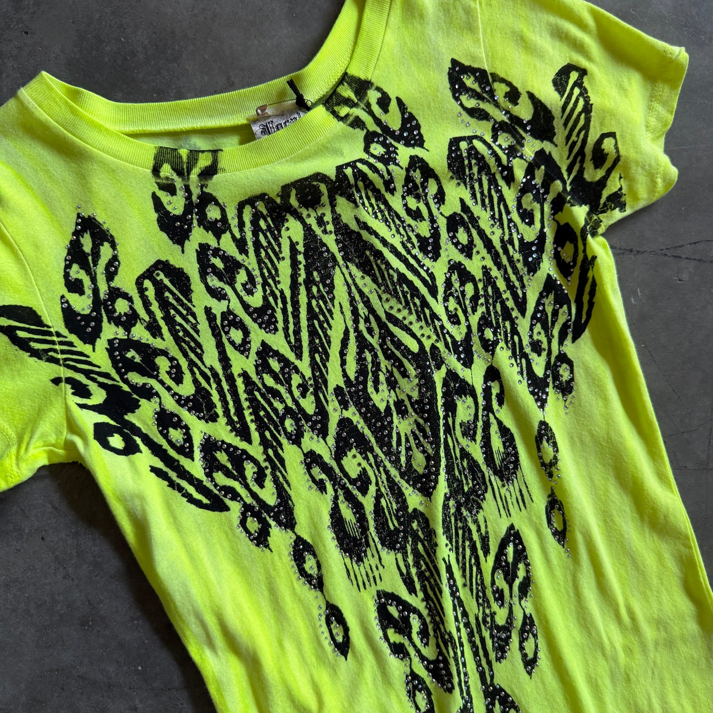 Y2K Vocal Neon Yellow Rhinestone Cheetah Print Tee