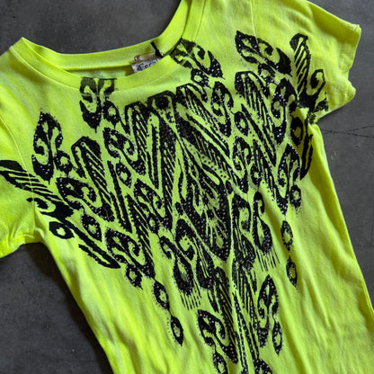 Y2K Vocal Neon Yellow Rhinestone Cheetah Print Tee