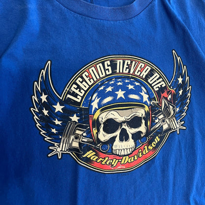 Y2K Harley Davidson Blue Legends Never Die T Shirt