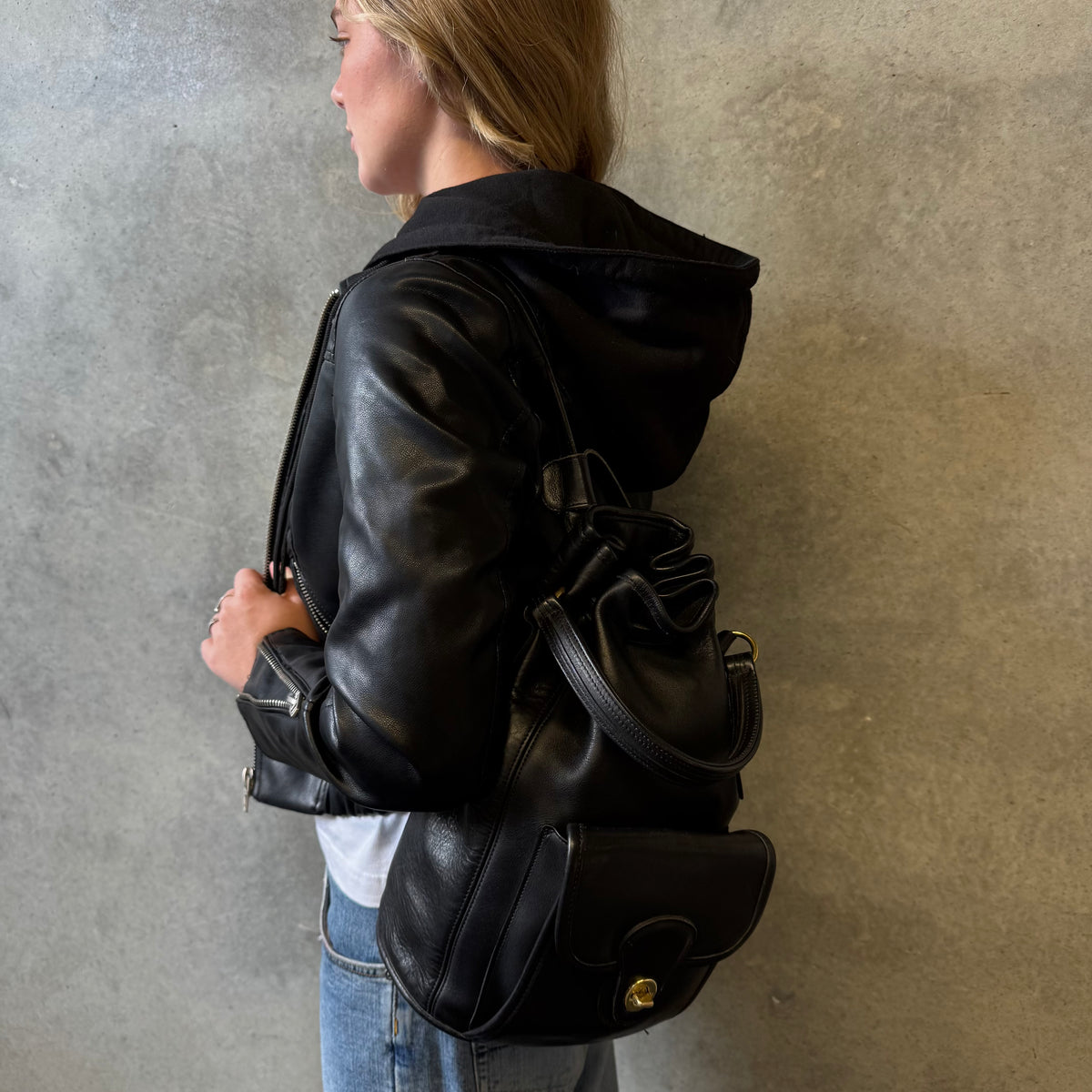 Coach Vintage Black Leather Daypack Sling Bag