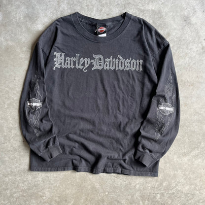 Y2K Harley Davidson Silver Spellout Flame Sleeve Longsleeve