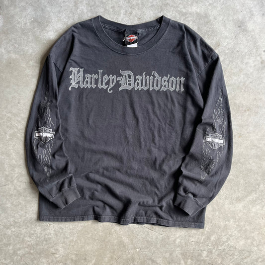 Y2K Harley Davidson Silver Spellout Flame Sleeve Longsleeve