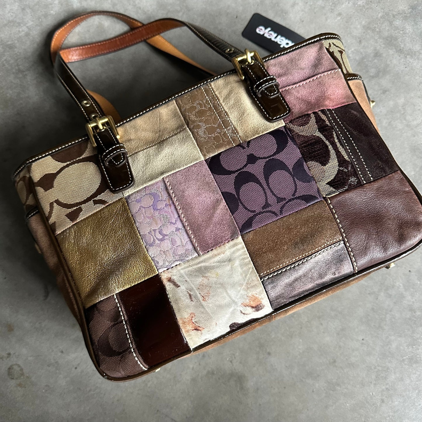 Y2K Coach Holiday Patchwork Tote Suede Leather Brown/Purple