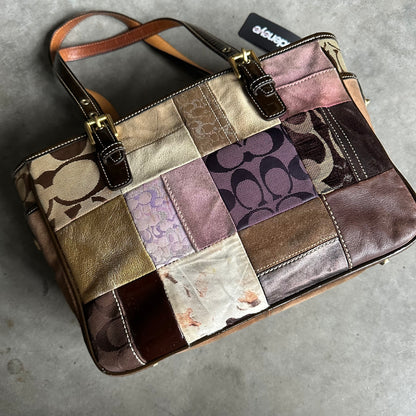 Y2K Coach Holiday Patchwork Tote Suede Leather Brown/Purple