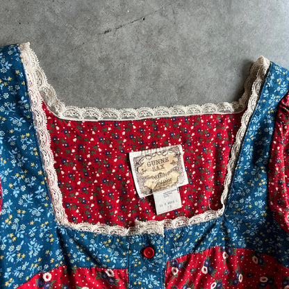Vintage 70s Gunne Sax Red/Blue Floral Triptych And Polka Dot Prairie Dress