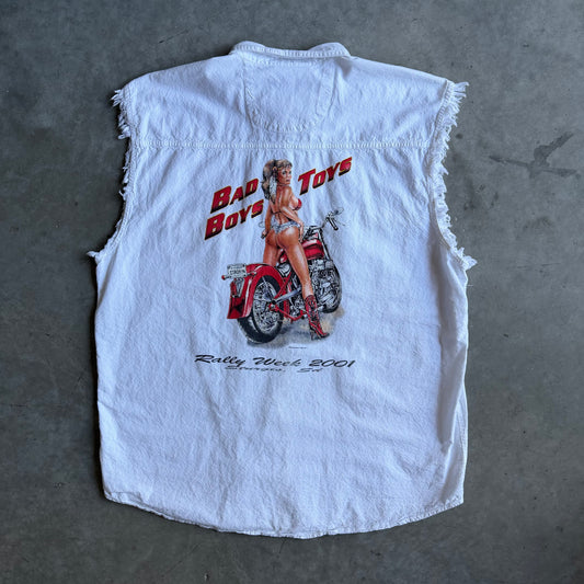 Y2K 2001 Sturgis Rally Week Women & Bike White Button Up Vest