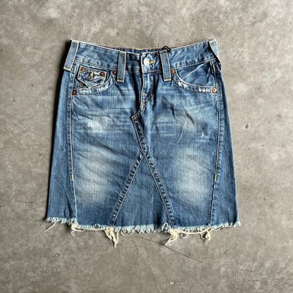 Women’s Y2K True Religion Denim Raw Hem Mini Skirt