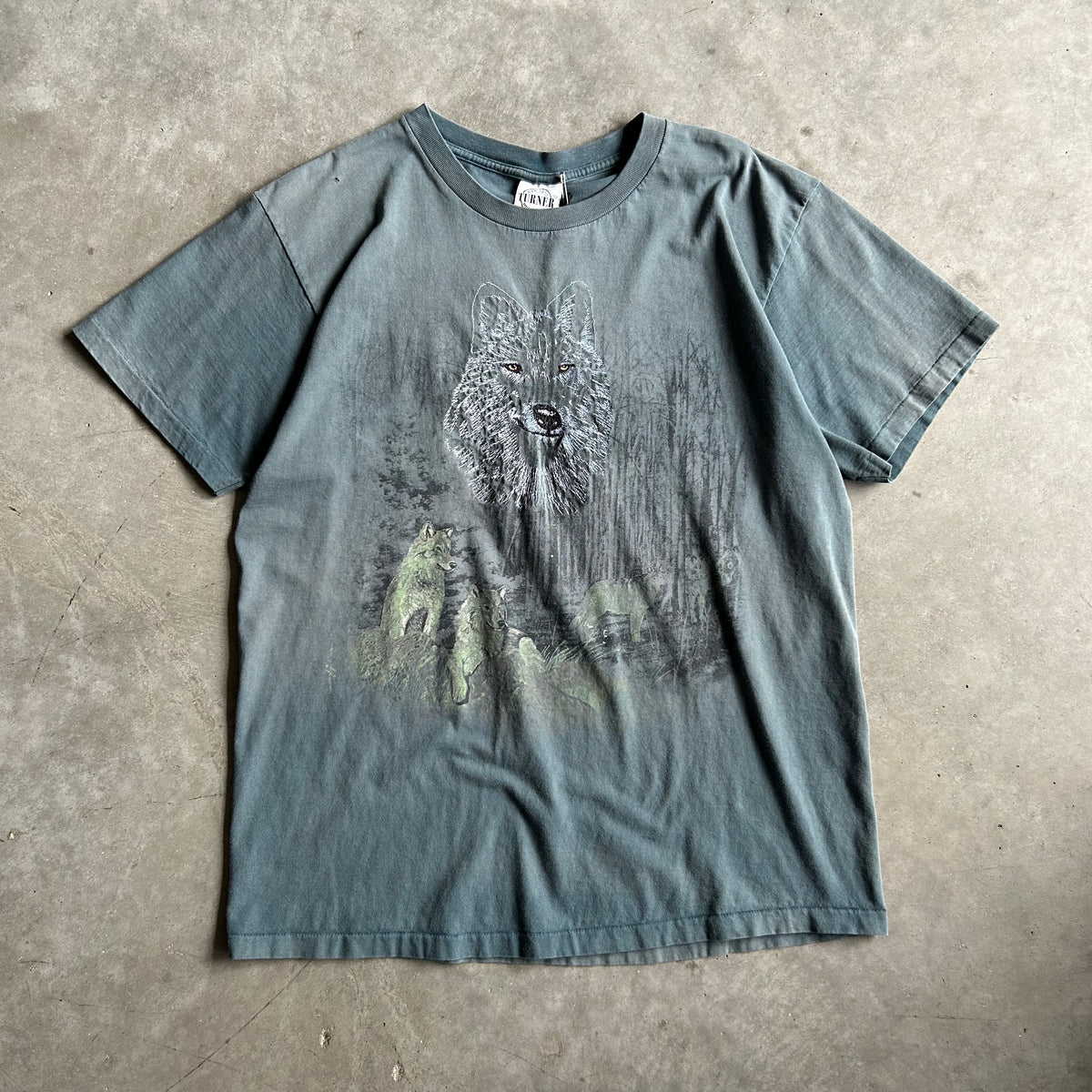 Vintage Wolf Forest Scenery W/ Embroidered Wolf Face Tee