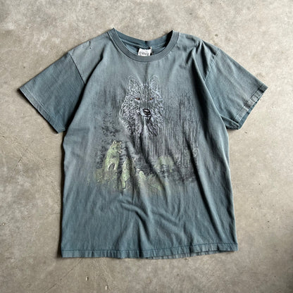 Vintage Wolf Forest Scenery W/ Embroidered Wolf Face Tee