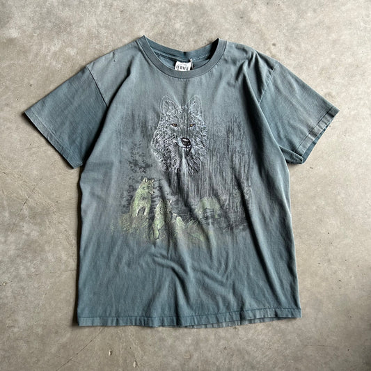Vintage Wolf Forest Scenery W/ Embroidered Wolf Face Tee