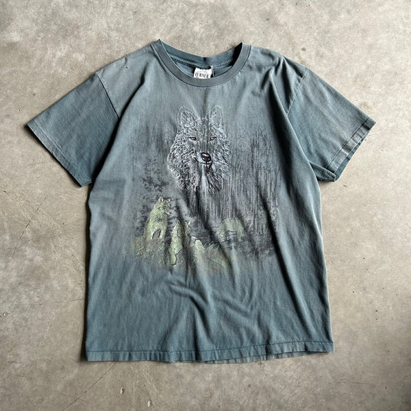 Vintage Wolf Forest Scenery W/ Embroidered Wolf Face Tee