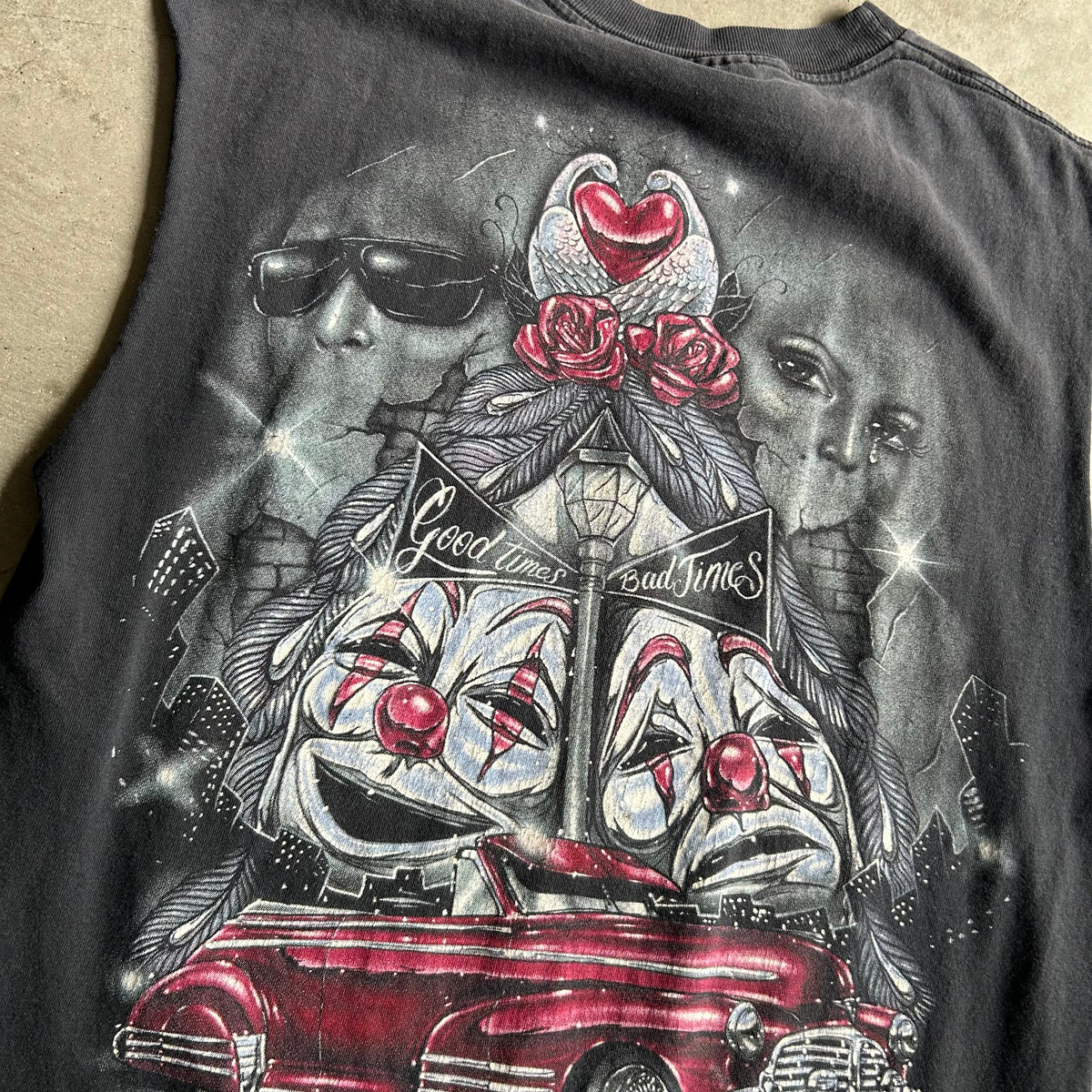 Vintage Aztlan Air Brush Car and Clown Masks Cut Off Tee