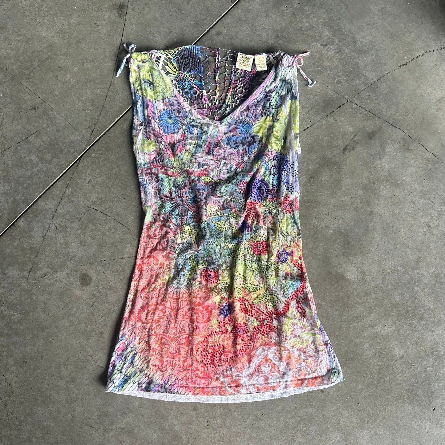 Women’s Y2K Ocean Blue Boho Rhinestoned Floral Tank