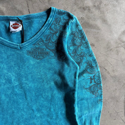 Women’s Y2K Harley Davidson Teal Tattoo Graphic Thermal w/Sleeve Hit