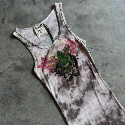 Y2K Vocal Grey Tie Dye Rhinestone Fleur Tank