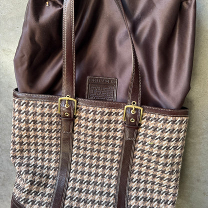 Y2K Coach Brown Legacy Wool Houndstooth Tote Bag