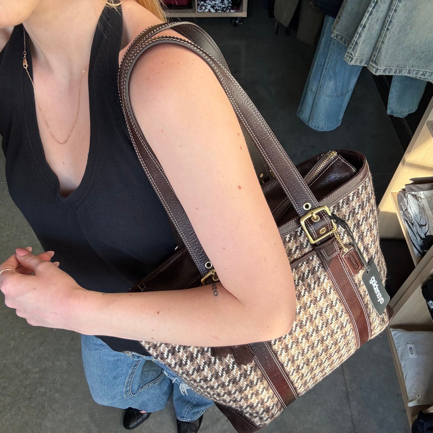 Y2K Coach Brown Legacy Wool Houndstooth Tote Bag