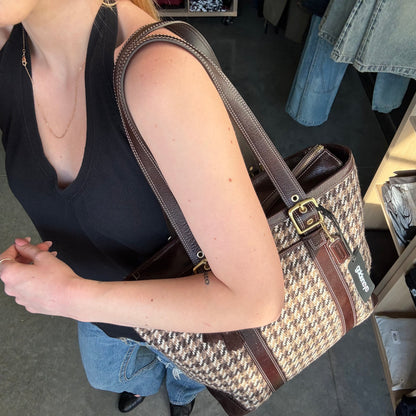 Y2K Coach Brown Legacy Wool Houndstooth Tote Bag