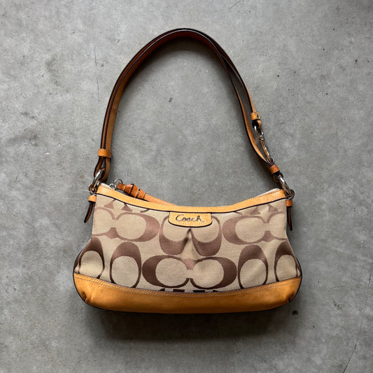 Y2K Coach East West Baguette Brown Signature Canvas & Tan Leather Bag