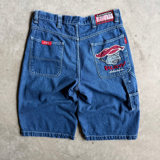 Y2K Fabu Fat Albert Dark Wash Embroidered Jorts