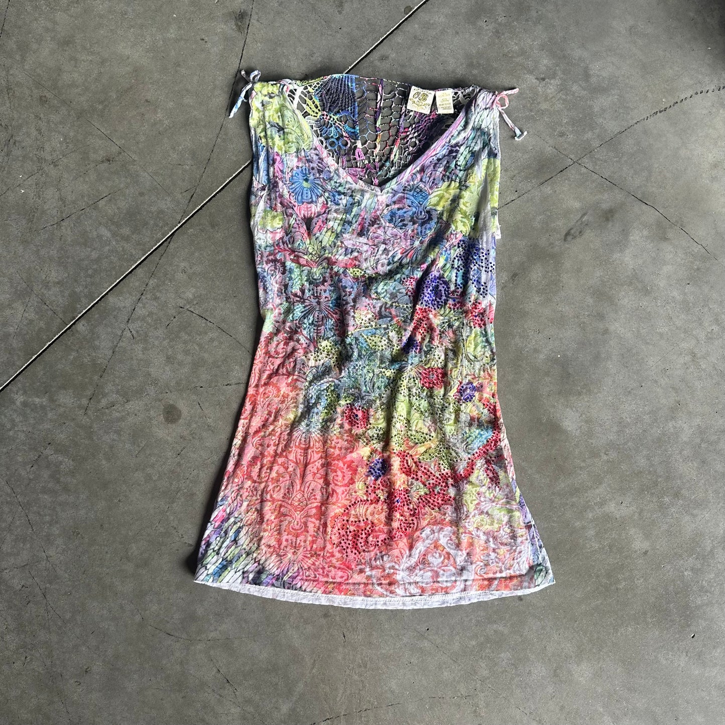 Women’s Y2K Ocean Blue Boho Rhinestoned Floral Tank