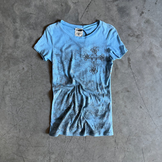 Y2K Vocal Blue/Silver Tattoo Grunge Cross Tee