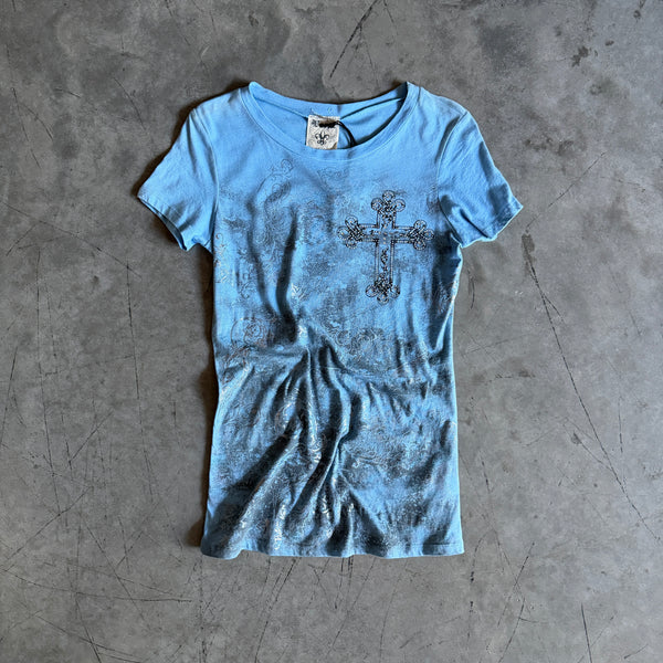 Y2K Vocal Blue/Silver Tattoo Grunge Cross Tee