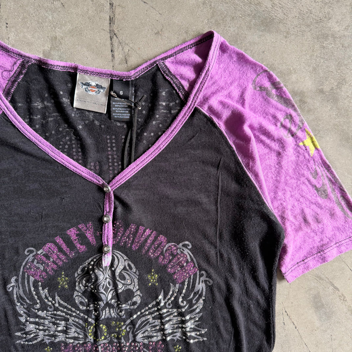 Women’s Y2K Harley Davidson Acid Wash Purple/Black Baseball Tee