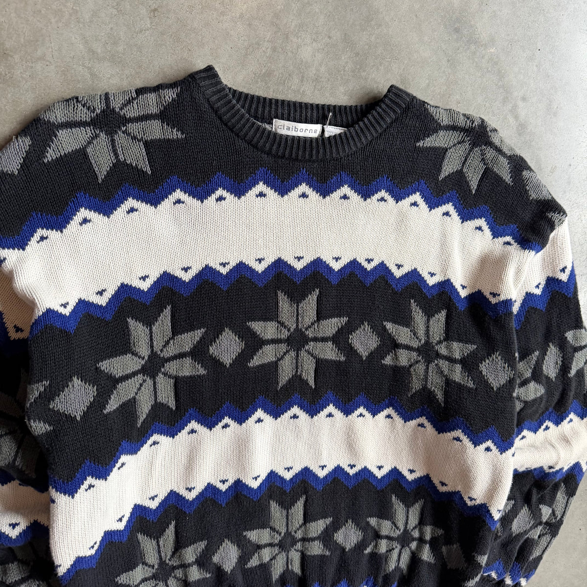 Vintage Claiborne Black/Blue/White Snowflake Knit Sweater