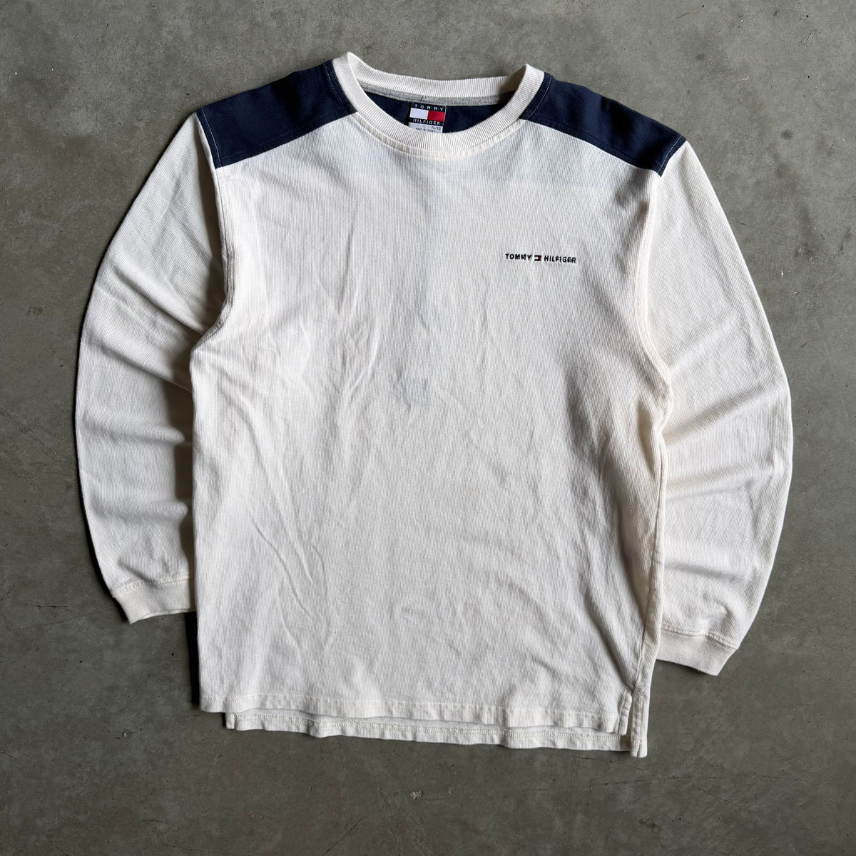 Vintage Tommy Hilfiger Blue Shoulder Cream Waffle Knit Longsleeve