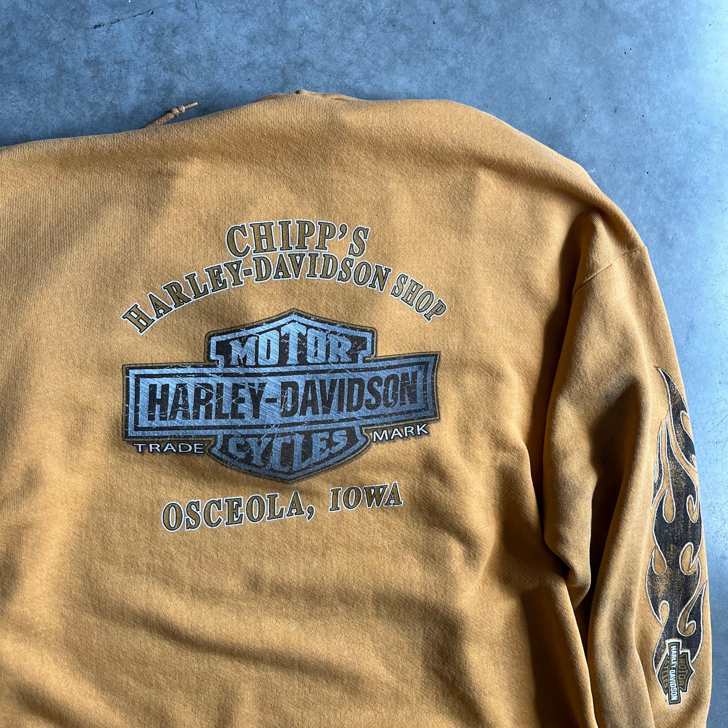 Vintage Harley Davidson Thrashed Yellow Flame Sleeve Zip Up Hoodie
