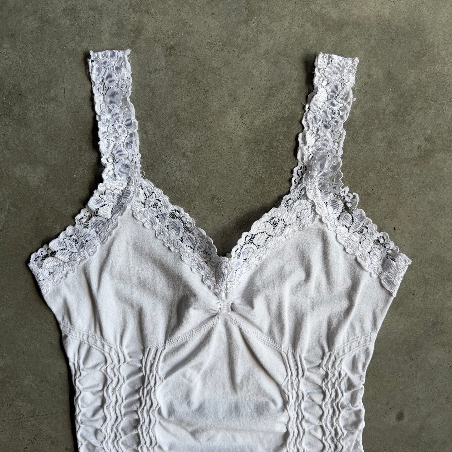 Y2K Boho White Ruched Lace Tank