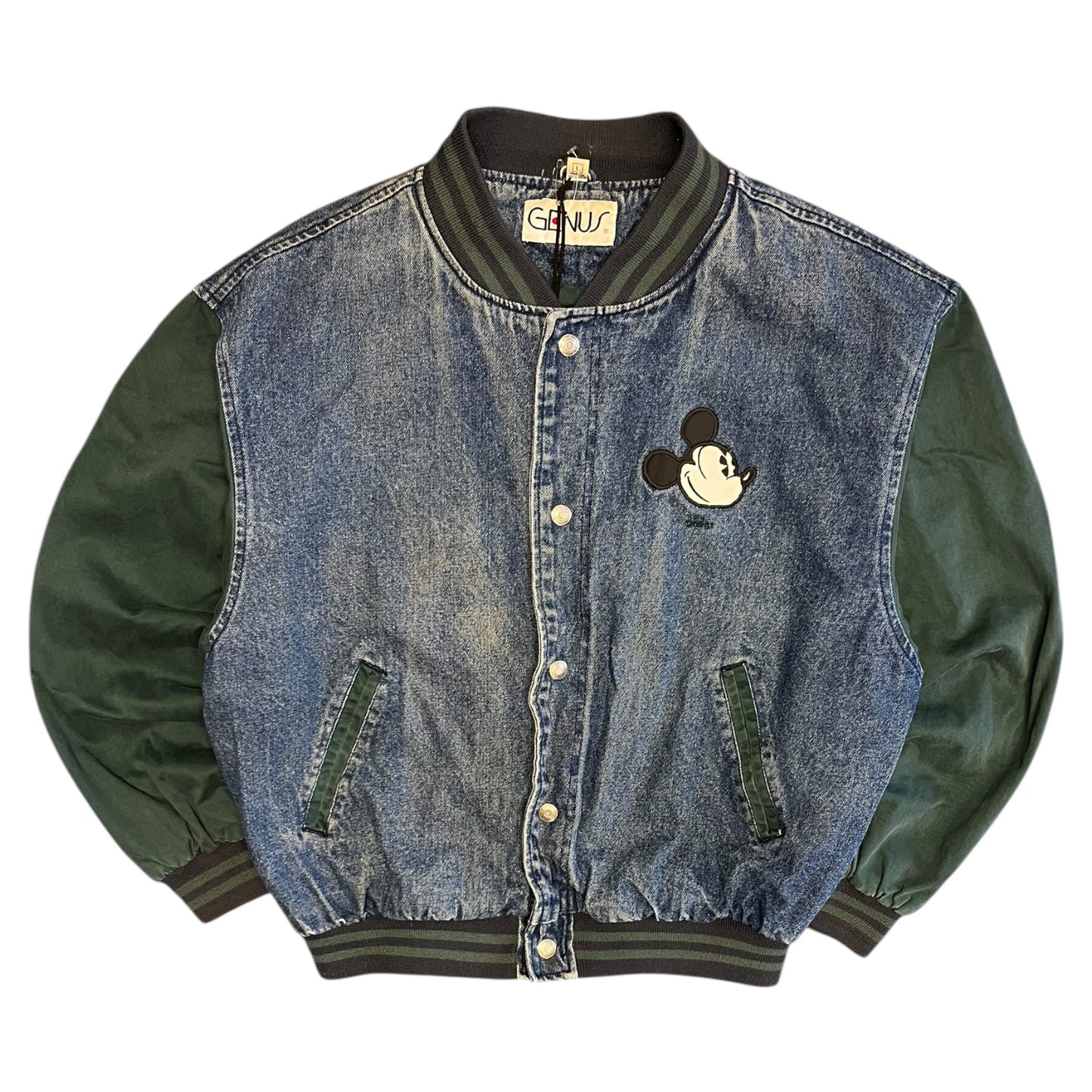 Vintage 90s Genius Mickey Mouse Denim Bomber Jacket