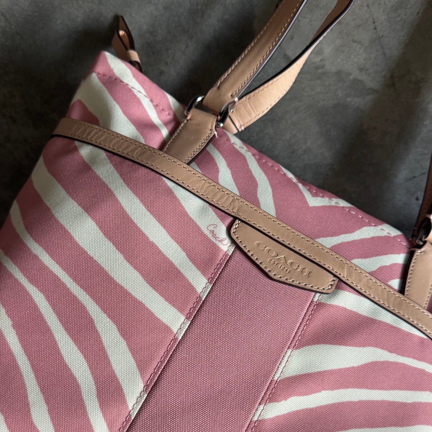 Coach Zebra Stripe Tote Shoulder Bag Pink/Tan