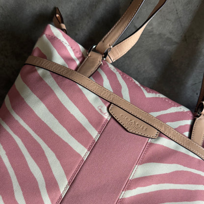 Coach Zebra Stripe Tote Shoulder Bag Pink/Tan