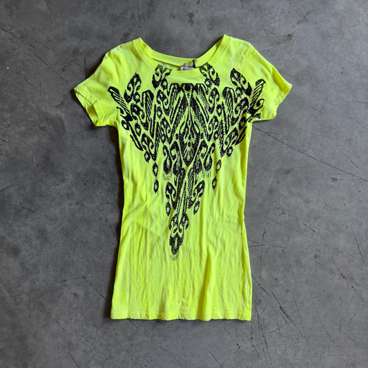 Y2K Vocal Neon Yellow Rhinestone Cheetah Print Tee