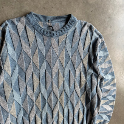Vintage Geometric 3D Diamond Blue Knit Sweater