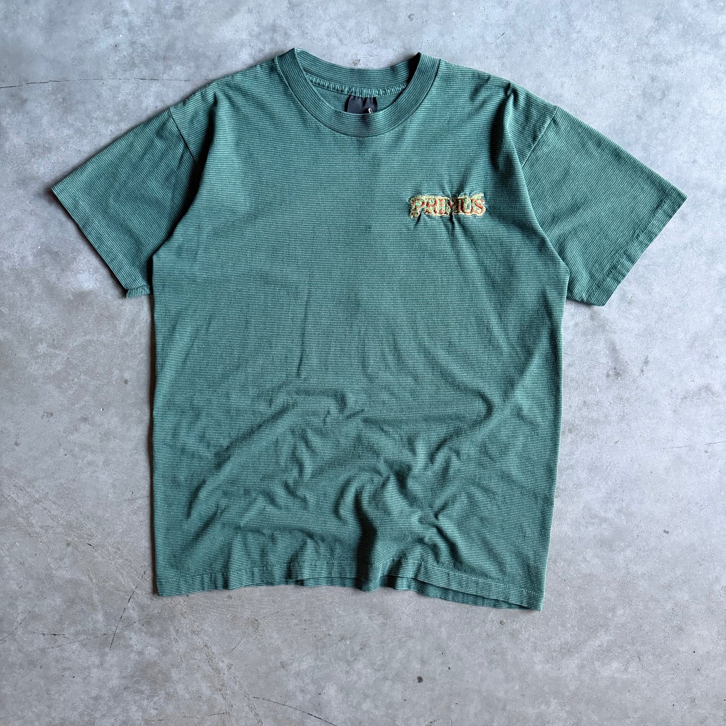 Vintage Primus Embroidered Logo Green Stripe T Shirt