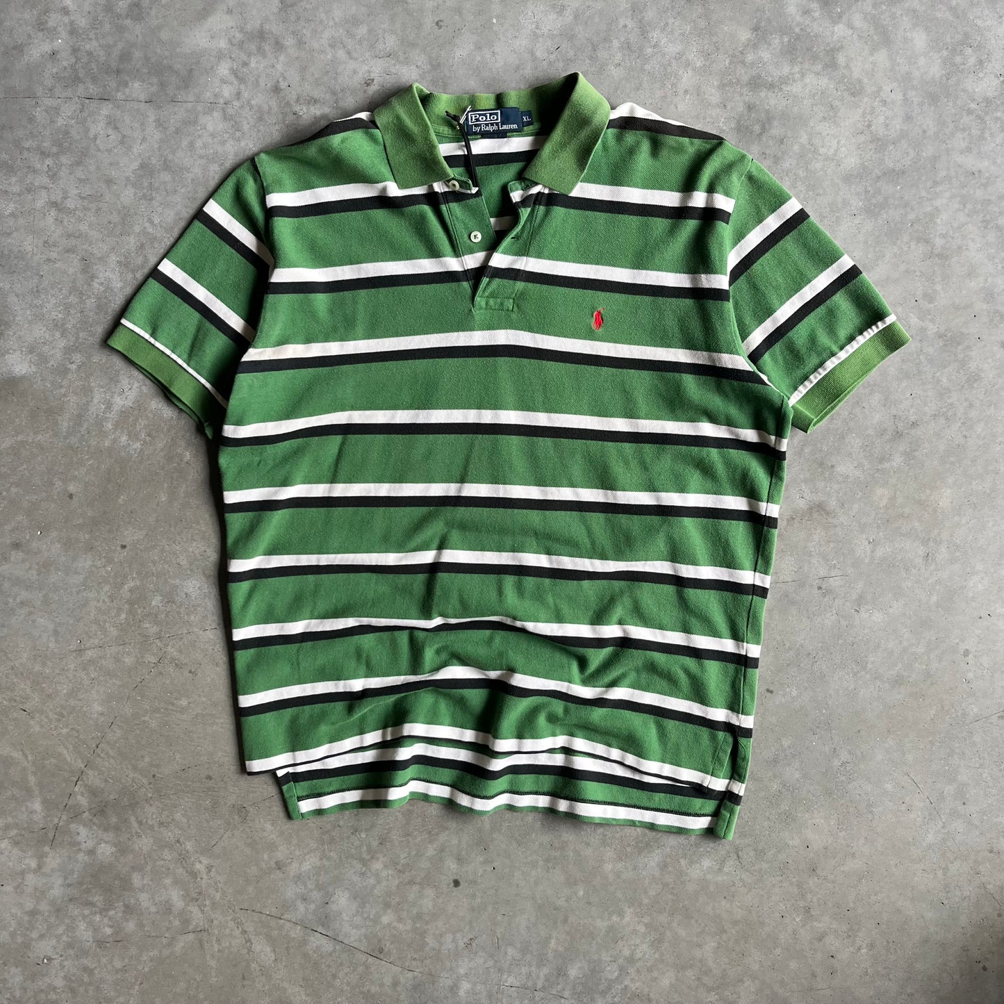 Y2K Green & White Striped Red Pony Polo Shirt