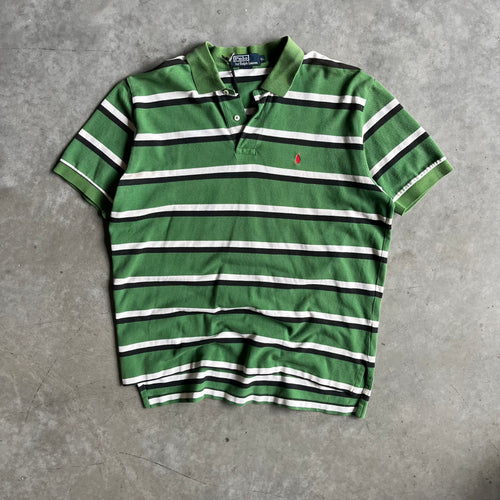 Y2K Green & White Striped Red Pony Polo Shirt